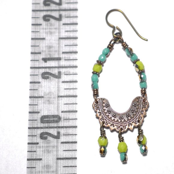 Hand Crafted Handmade Earrings Turquoise and Lime Copper Chandelier Earr… - Picture 4 of 5